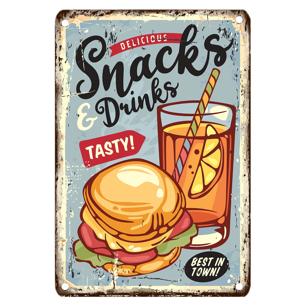 Food Snacks With Iron - Targa in metallo per alimenti vintage,